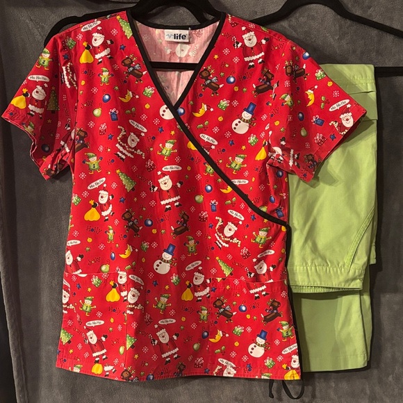 Red Holiday Print Scrub Top with green pant set - Picture 1 of 3